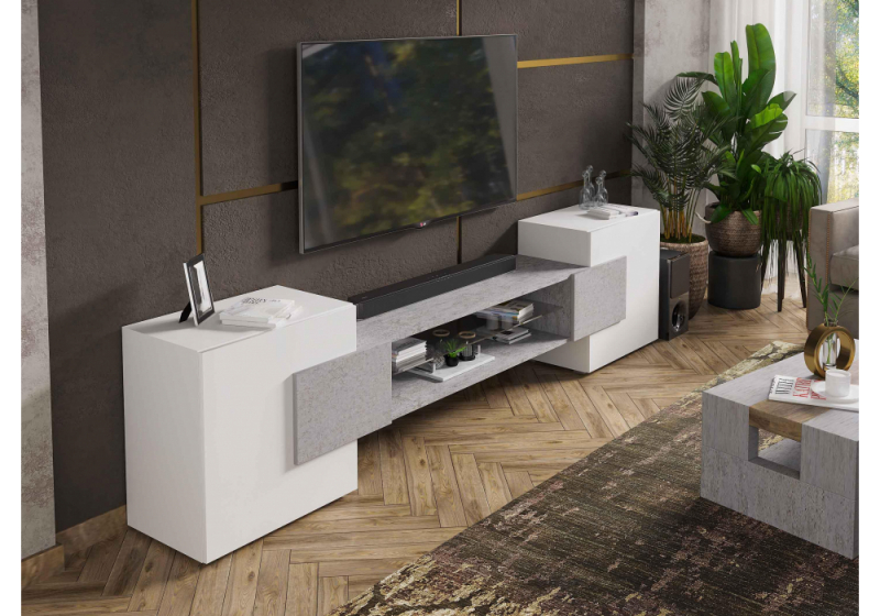 ТВ-тумба Лисмор белый / бетон светлый (254x39x62). 