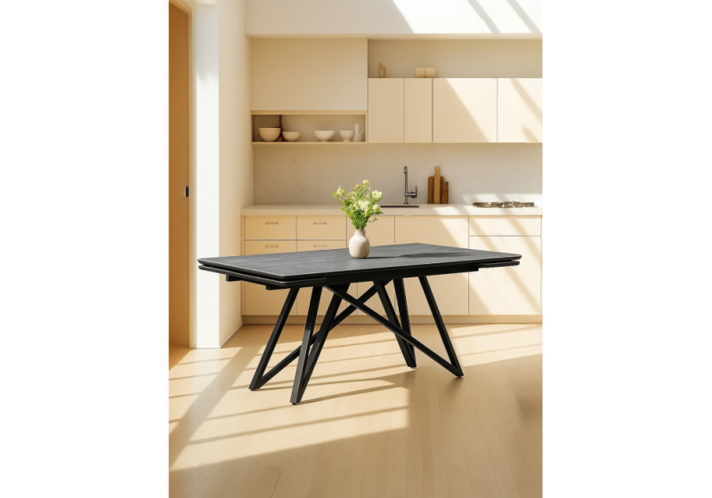 Керамический стол Вилсон 160(220)х89 серый мрамор larka grey / черный (89x75)